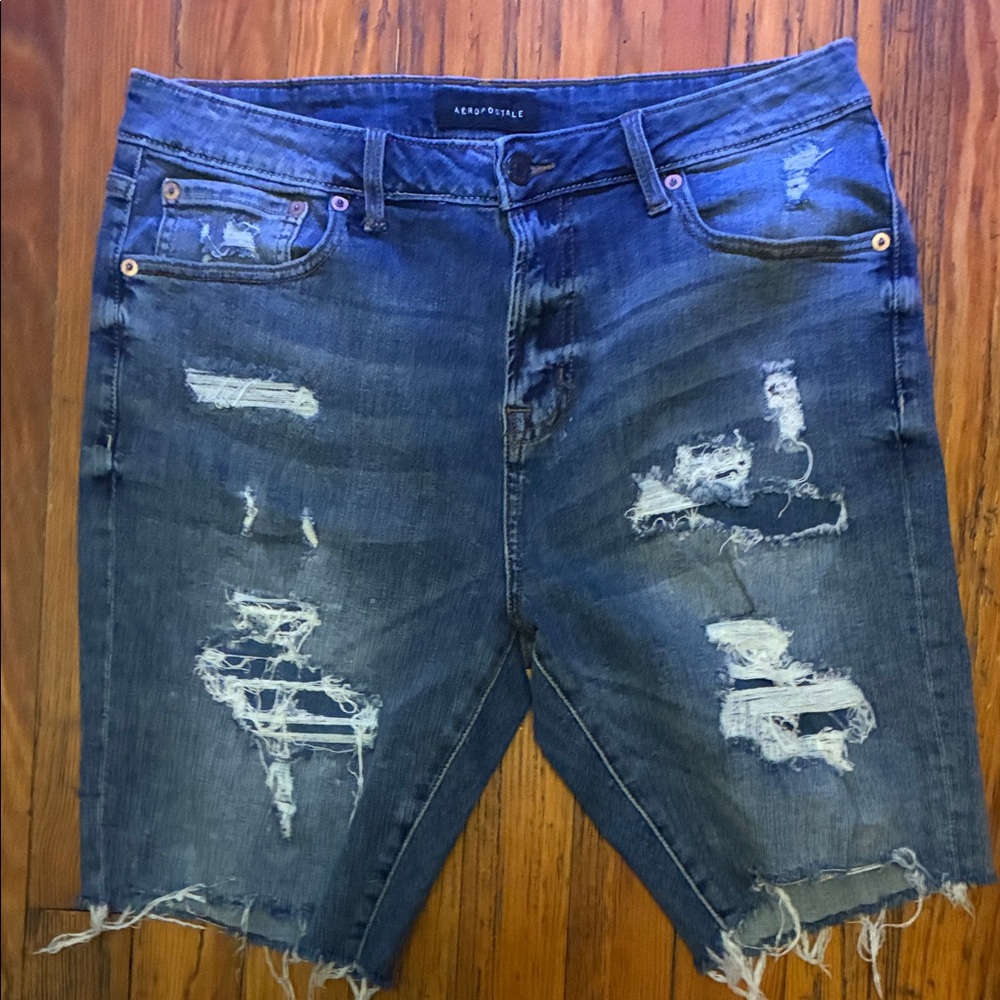 Aeropostale Men's Ripped Blue Denim Shorts